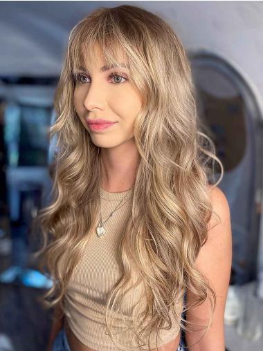 Long Blonde Wig 24" Wavy Lace Front With Bangs Remy Human Hair Wigs