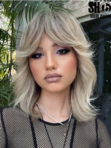 Platinum Blonde Wig Remy Human Hair 12" Shoulder Length Straight Layered Lace Front Wigs
