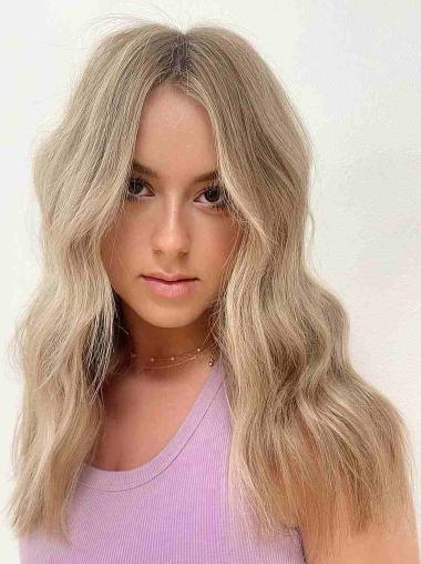 Long Human Hair Wigs 16" Platinum Blonde With Bangs Wavy Lace Front Wigs