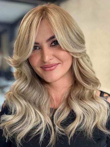Long Blonde Wig 16" Wavy Monofilament Layered Remy Human Hair Wigs