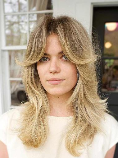 Long Blonde Wig 16" Straight Lace Front Layered Remy Human Hair Wigs