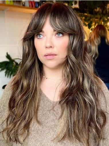 Long Human Hair Wigs 18" Ombre/2 Tone With Bangs Wavy Lace Front Wigs