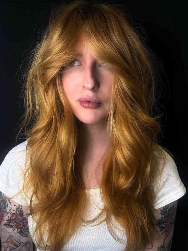 Long Human Hair Wigs 18" Copper Layered Wavy Lace Front Wigs