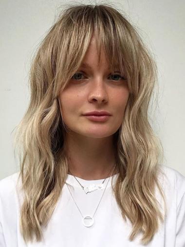 Long Blonde Wig 16" Wavy Lace Front With Bangs Remy Human Hair Wigs
