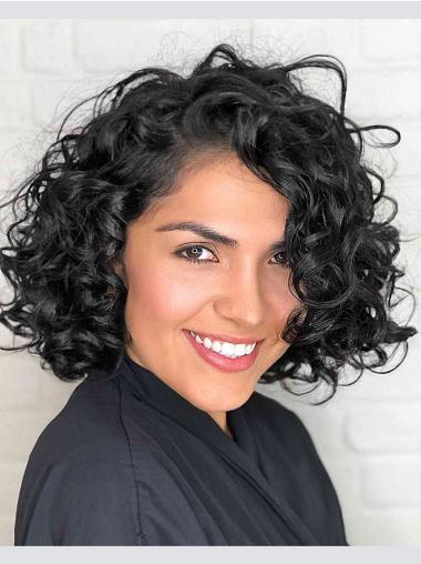 Human Hair Short Wigs Curly Monofilament Bobs 8" Black Wigs