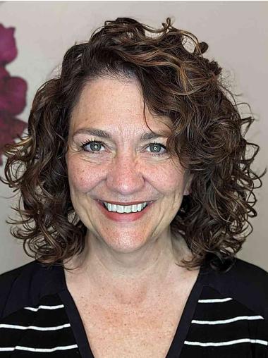 Bob Wigs Brown Remy Human Hair Shoulder Length 12" Curly Lace Front Wigs