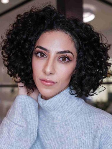 Short Bob Wigs 8" Monofilament Black Curly Synthetic Wigs