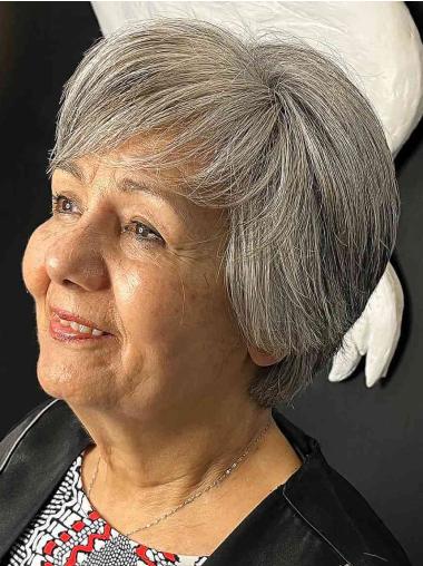 Grey Human Hair Wigs 6" Bobs Straight Monofilament Short Wigs