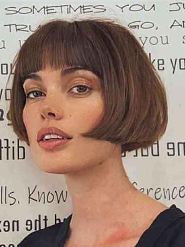 Human Hair Short Wigs Straight Lace Front Bobs 8" Brown Wigs