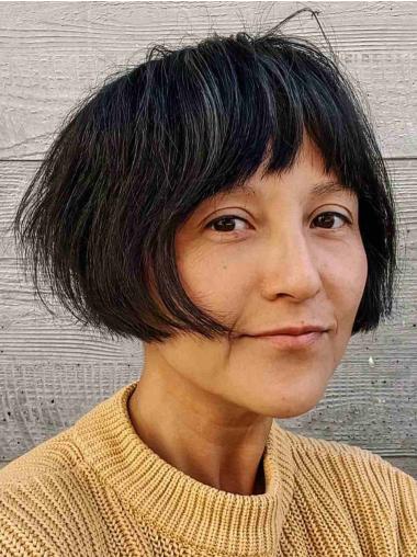 Human Hair Short Wigs Straight Monofilament Bobs 6" Black Wigs