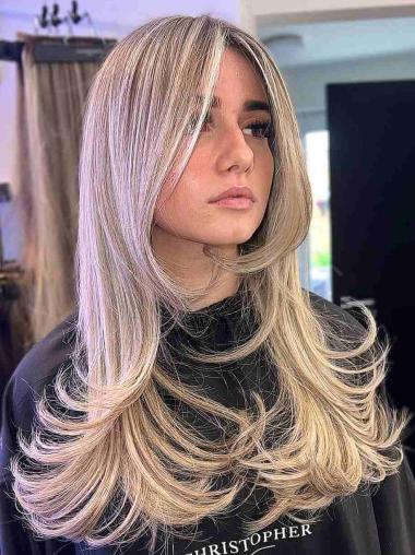 Long Human Hair Wigs 18" Platinum Blonde Layered Wavy Monofilament Wigs