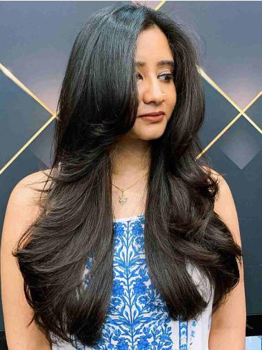 Long Black Wig Straight Layered Synthetic 20" Lace Front Wigs