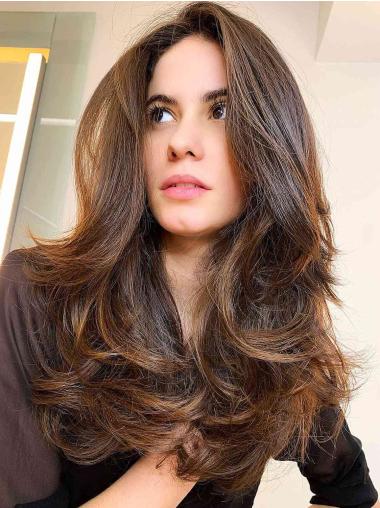 Long Human Hair Wigs 16" Brown Layered Wavy Lace Front Wigs