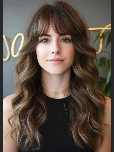 Long Human Hair Wigs 16" Brown With Bangs Wavy Lace Front Wigs