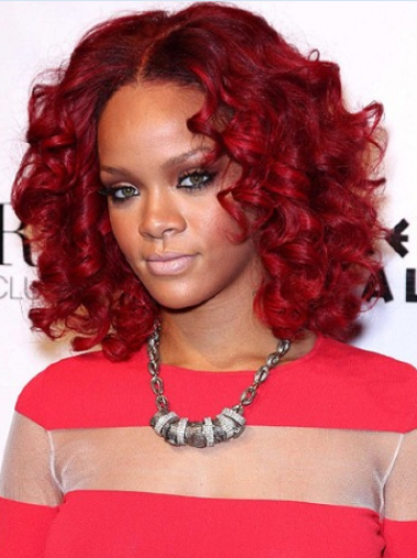 100% Hand-Tied Layered Shoulder Length 12 Inches Great Rihanna Red Hair Curls