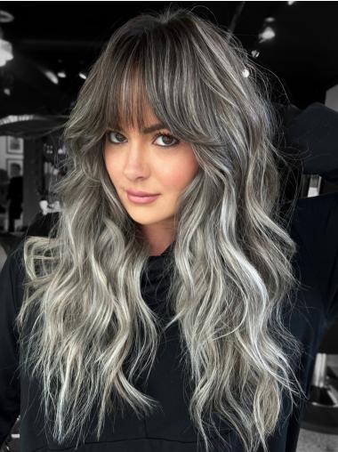 Grey Womens Wigs Monofilament 24" Wavy With Bangs Wigs