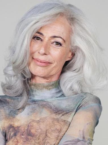 Grey Hair Medium Length Lace Front Wavy Remy Human Hair Wigs