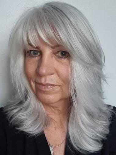 Grey Womens Wigs Lace Front 16" Straight With Bangs Wigs