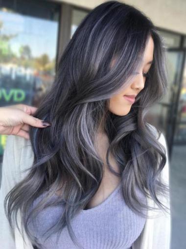 Grey Long Wigs Monofilament 24" Wavy Without Bangs Wigs