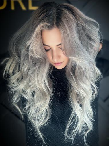 Long Grey Hair Wig Monofilament 24" Wavy Without Bangs Wigs