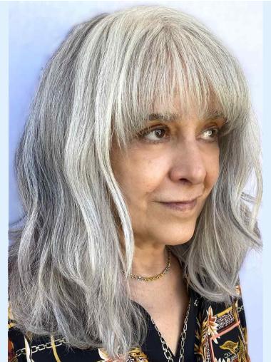 Grey Wigs Long Hair Straight With Bangs 16" Monofilament Wigs