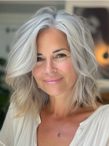 Womens Grey Hair Wigs Remy Human Hair Wavy 14" Without Bangs Wigs