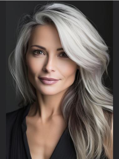 Long Grey Hair Wigs Wavy Without Bangs 20" Monofilament Wigs