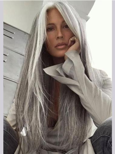 Grey Long Hair Wigs Straight Without Bangs 24" Monofilament Wigs