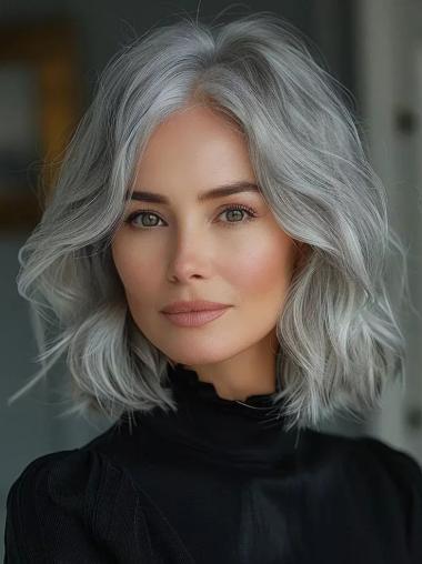 Ladies Silver Grey Wigs Remy Human Hair Wavy 12" Without Bangs Wigs