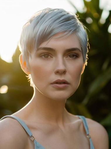 Grey Wig Human Hair Boycuts Straight Monofilament Wigs