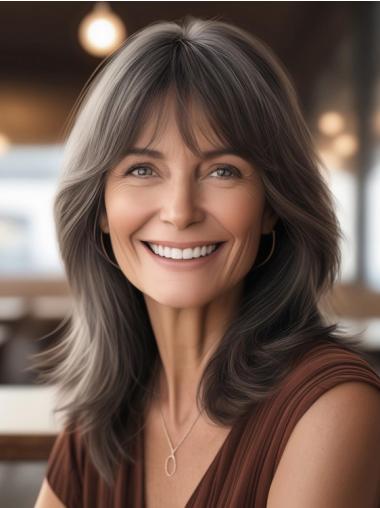 Grey Wigs Long Hair 16" With Bangs Wavy Synthetic Wigs