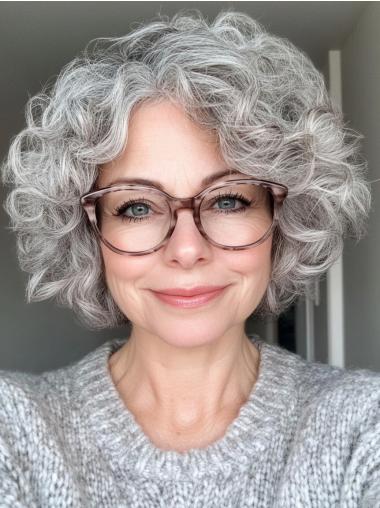 Short Pixie Grey Wigs Curly Bobs 8" Remy Human Hair Wigs