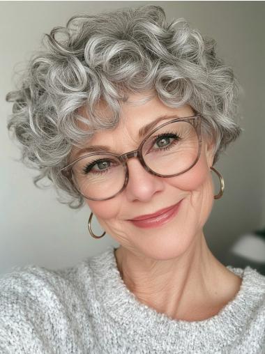 Ladies Short Grey Wigs Curly With Bangs 6" Remy Human Hair Wigs