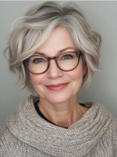 Short Grey Hair Wigs For Sale Wavy Without Bangs 8" Remy Human Hair Wigs