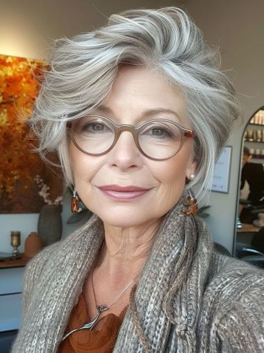 Short Silver Grey Wig Curly Without Bangs 6" Remy Human Hair Wigs