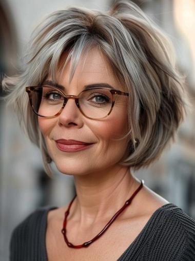 Grey Lace Front Wig Human Hair With Bangs 10" Chin Length Wigs