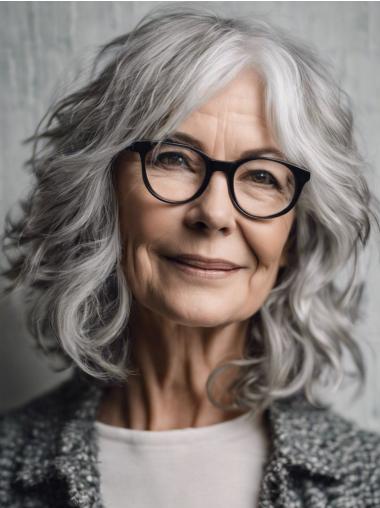 Grey Lace Front Human Hair Wigs Without Bangs 12" Shoulder Length Wigs