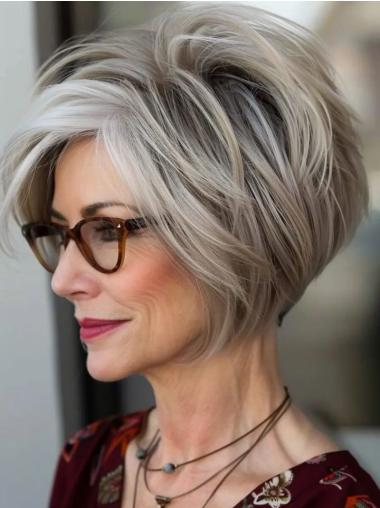 Womens Short Grey Wigs Straight Bobs 8" Remy Human Hair Wigs