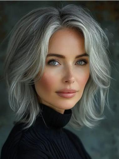 Lace Front Wigs Grey Hair Wavy Shoulder Length Layered Wigs