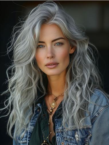 Long Grey Hair For Older Women 18" Layered Curly Remy Human Hair Wigs