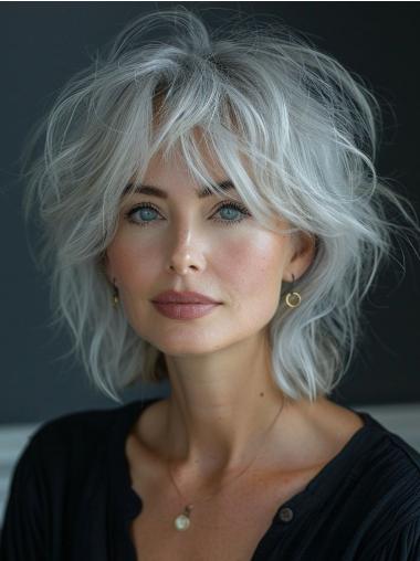 Silver Grey Lace Front Wig Wavy Chin Length Layered Wigs