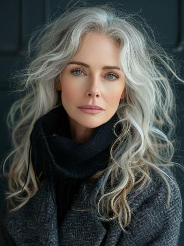 Long Grey Hair Wigs 16" Layered Wavy Synthetic Wigs