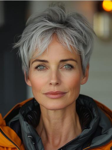 Grey Hair Lace Front Wigs Straight Cropped With Bangs Wigs