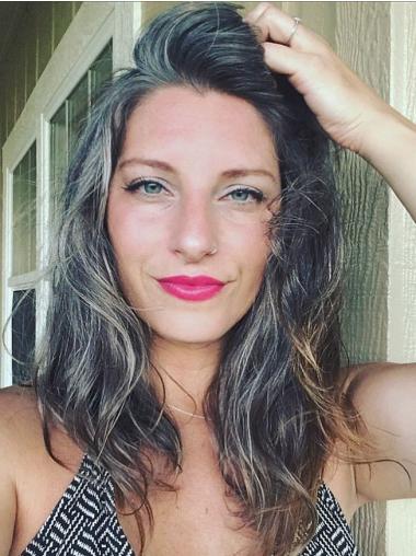 Long Black And Grey Wig 16" Layered Wavy Remy Human Hair Wigs