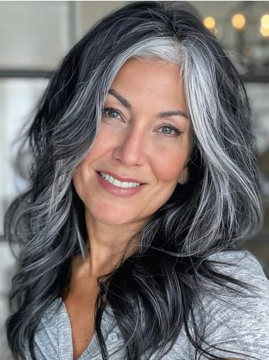 Human Hair Grey Wigs For Older Ladies Layered Wavy Lace Front Wigs