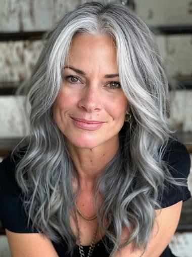 Mixed Grey Lace Front Wigs 16" Long Wavy Wigs