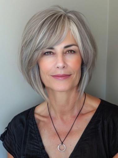 Wigs Grey Hair Monofilament Chin Length Straight Wigs