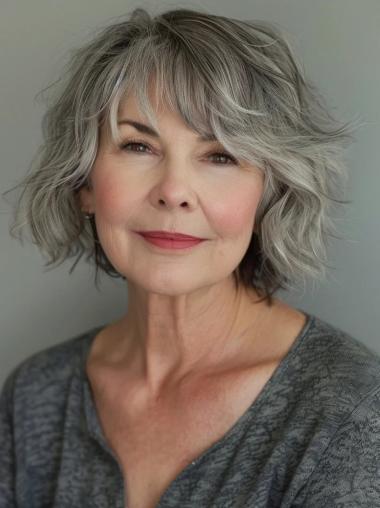 Wigs For Grey Hair Lace Front Chin Length Wavy Wigs