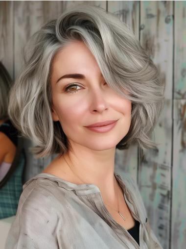 Grey Wigs For Older Women Lace Front Chin Length Wavy Wigs