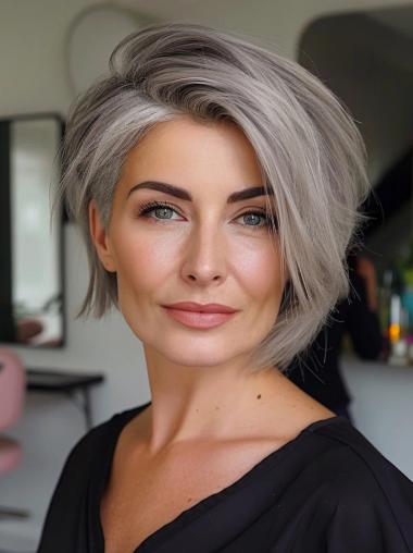 Ladies Grey Wigs Lace Front Chin Length Wavy Wigs